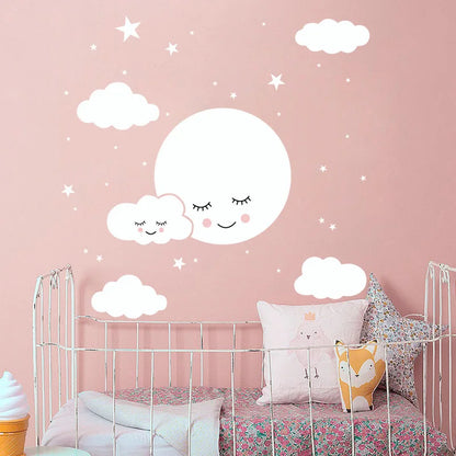 White Cartoon Smiling Cloud Stars Wall Sticker Kids Baby Rooms Decorations Mural Bedroom Wallpaper Home Decals Nursery Stickers