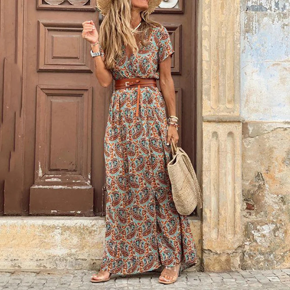 Boho Women Short Sleeve Paisley Long Dress