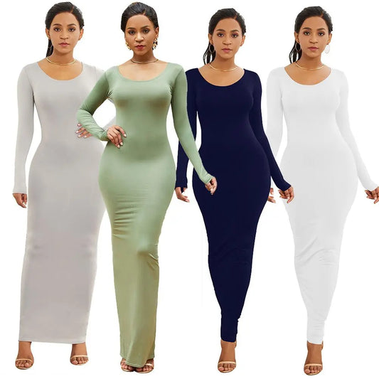 Women Long Sleeve Round Neck Bodycon Maxi Dress