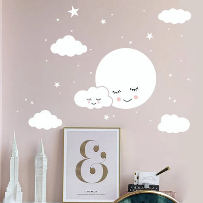 White Cartoon Smiling Cloud Stars Wall Sticker Kids Baby Rooms Decorations Mural Bedroom Wallpaper Home Decals Nursery Stickers