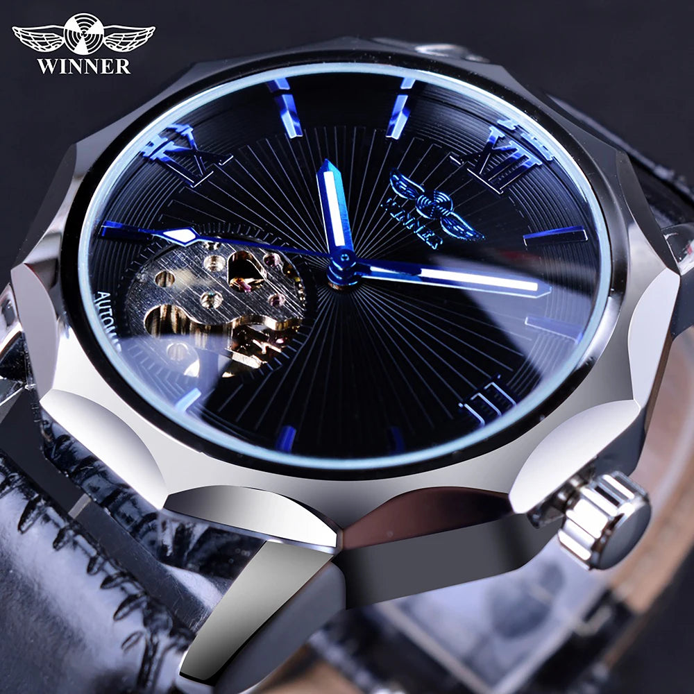 Winner Blue Ocean Geometry Design Transparent Skeleton Dial Mens Watch