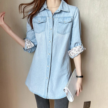 New Autumn Long Sleeve Top Women Jacket Loose Cotton Denim Button Shirts Women Coat Pockets Oversized Blouses Women Casual 11968