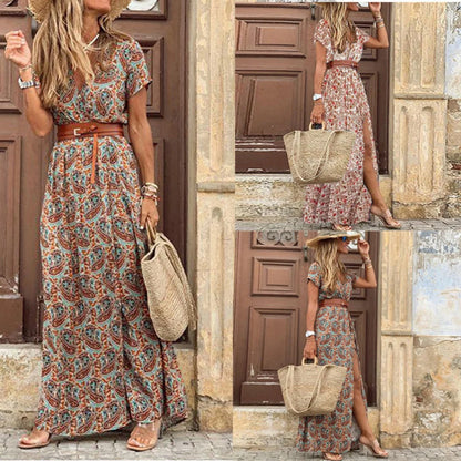 Boho Women Short Sleeve Paisley Long Dress