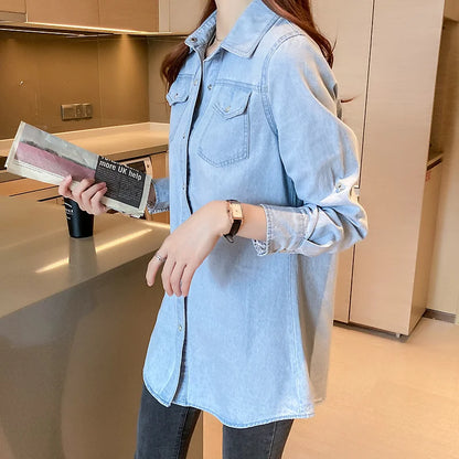 New Autumn Long Sleeve Top Women Jacket Loose Cotton Denim Button Shirts Women Coat Pockets Oversized Blouses Women Casual 11968