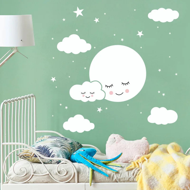 White Cartoon Smiling Cloud Stars Wall Sticker Kids Baby Rooms Decorations Mural Bedroom Wallpaper Home Decals Nursery Stickers