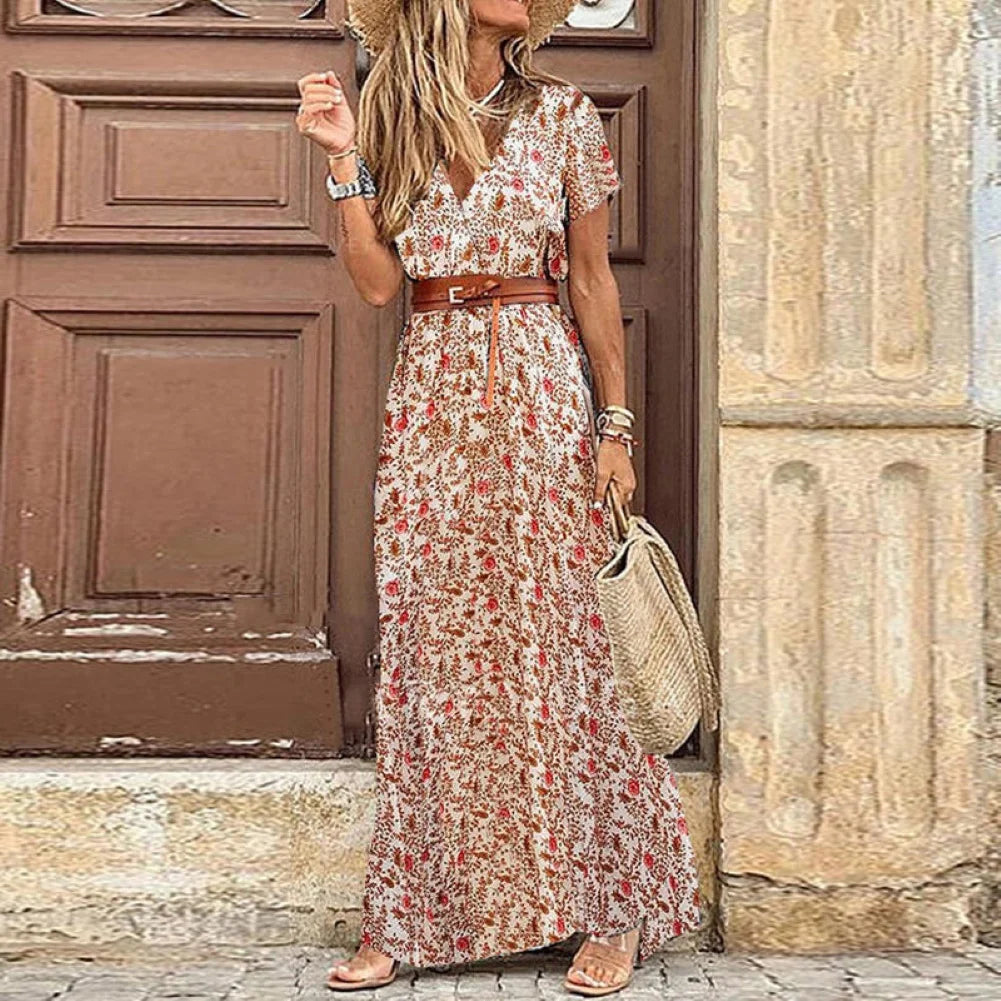 Boho Women Short Sleeve Paisley Long Dress