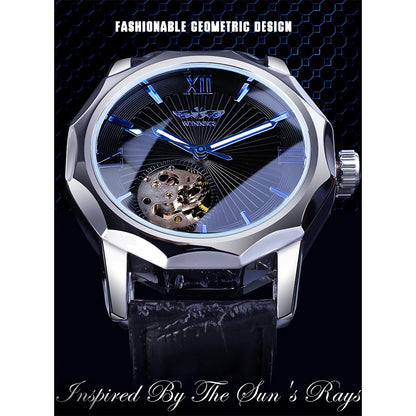 Winner Blue Ocean Geometry Design Transparent Skeleton Dial Mens Watch