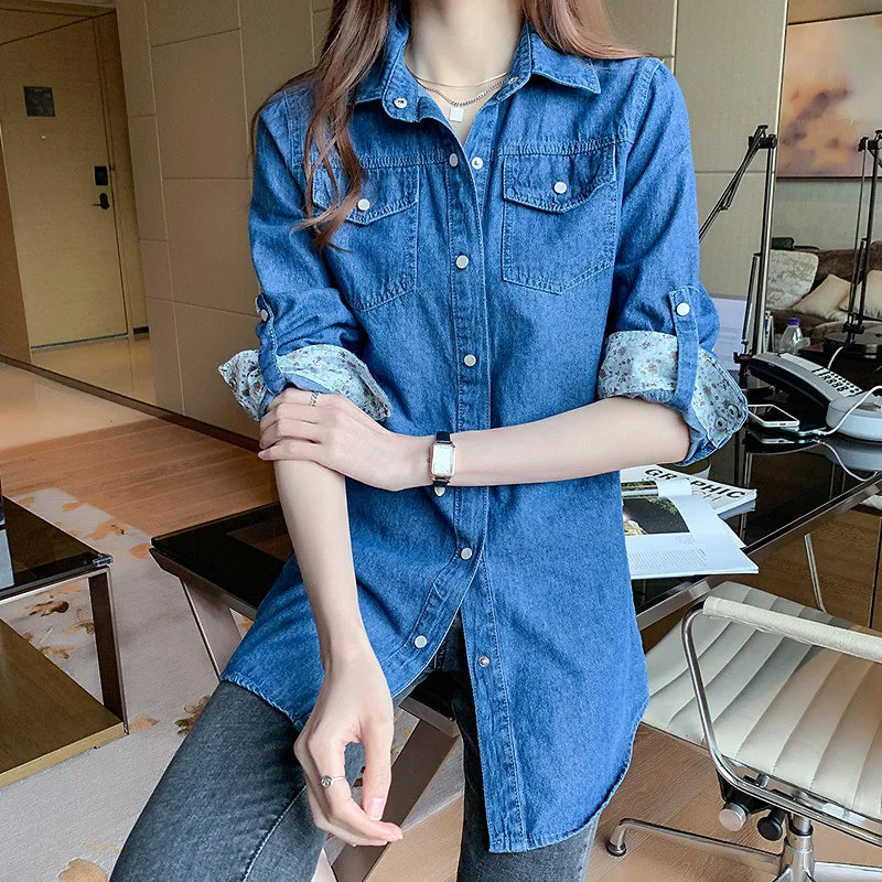 New Autumn Long Sleeve Top Women Jacket Loose Cotton Denim Button Shirts Women Coat Pockets Oversized Blouses Women Casual 11968