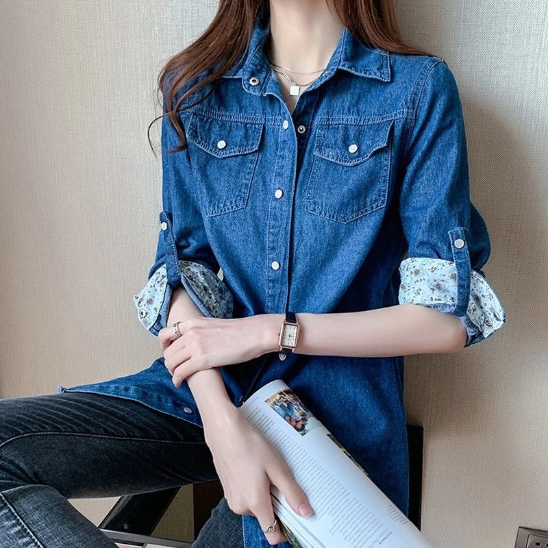 New Autumn Long Sleeve Top Women Jacket Loose Cotton Denim Button Shirts Women Coat Pockets Oversized Blouses Women Casual 11968