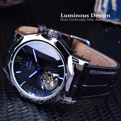 Winner Blue Ocean Geometry Design Transparent Skeleton Dial Mens Watch