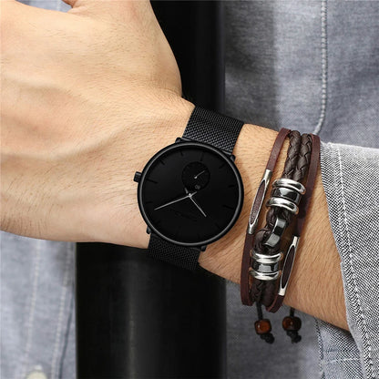 Ultra Thin Creative Black Stainless steel Quartz Watches for Men