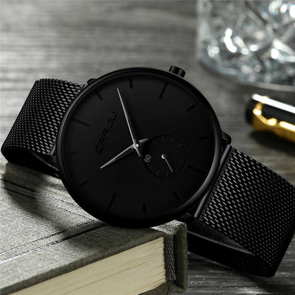 Ultra Thin Creative Black Stainless steel Quartz Watches for Men