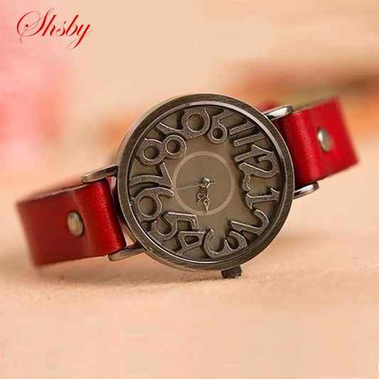 Shsby New Vintage Digital Hollow Genuine Cow Leather Strap Watches