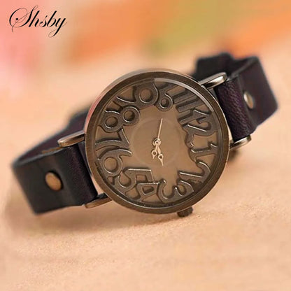 Shsby New Vintage Digital Hollow Genuine Cow Leather Strap Watches