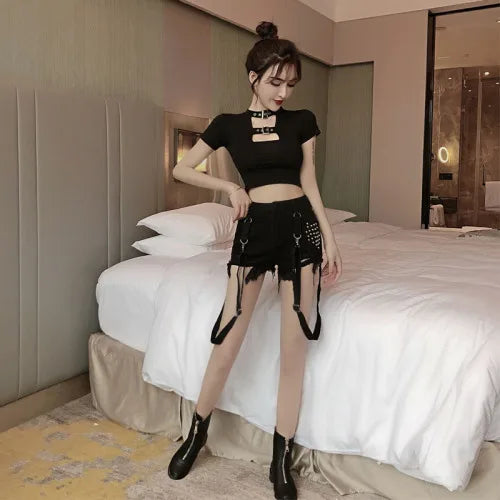 Black Punk High Waist Tassel Belt Rivet Denim Short