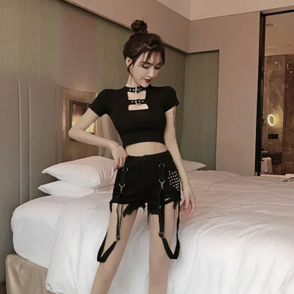 Black Punk High Waist Tassel Belt Rivet Denim Short