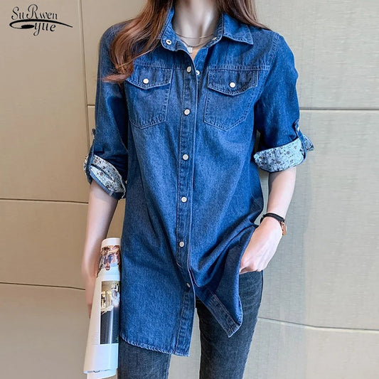 New Autumn Long Sleeve Top Women Jacket Loose Cotton Denim Button Shirts Women Coat Pockets Oversized Blouses Women Casual 11968