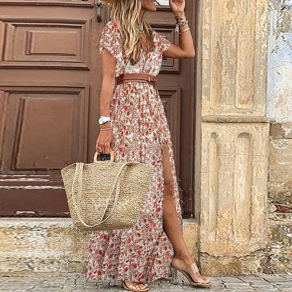 Boho Women Short Sleeve Paisley Long Dress