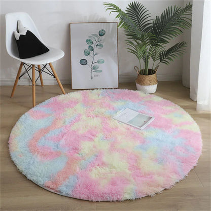 Tie-dye Fluffy Round Rug Carpets Living Room Decor Faux Fur Rugs Kids Room Long Plush Rugs for Bedroom Shaggy Rug Modern Mats