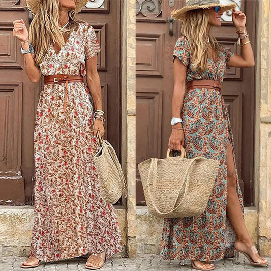 Boho Women Short Sleeve Paisley Long Dress