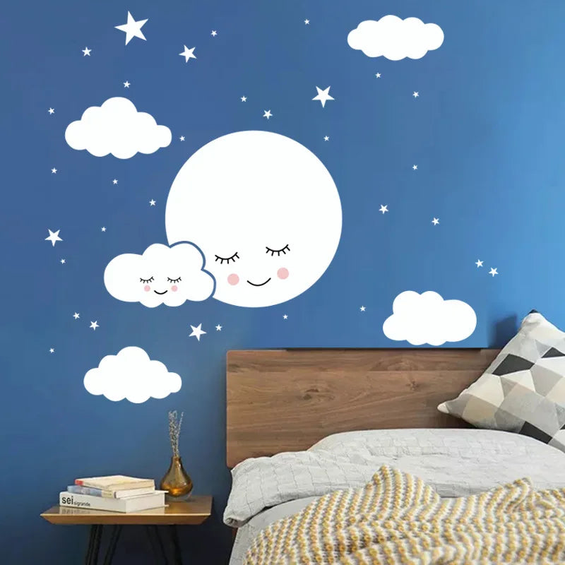 White Cartoon Smiling Cloud Stars Wall Sticker Kids Baby Rooms Decorations Mural Bedroom Wallpaper Home Decals Nursery Stickers