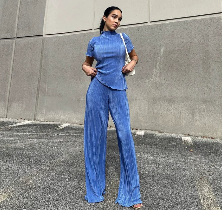 Turtleneck T-Shirt Pleated Wide Leg Pants Sett Shirt Pleated Pants Suit