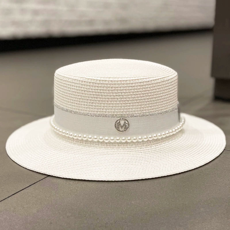 Pearl Ins Flat Top Spring and Summer British Straw Hat for Women