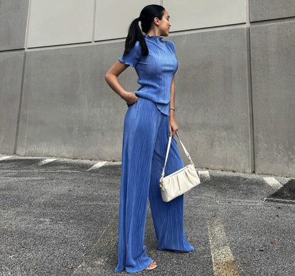 Turtleneck T-Shirt Pleated Wide Leg Pants Sett Shirt Pleated Pants Suit