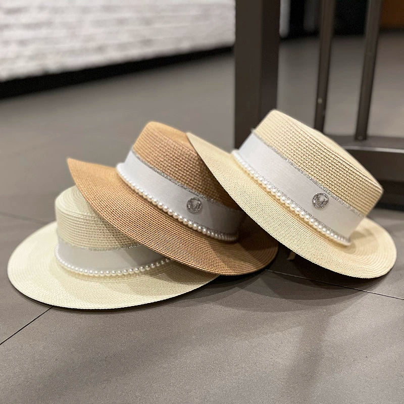 Pearl Ins Flat Top Spring and Summer British Straw Hat for Women