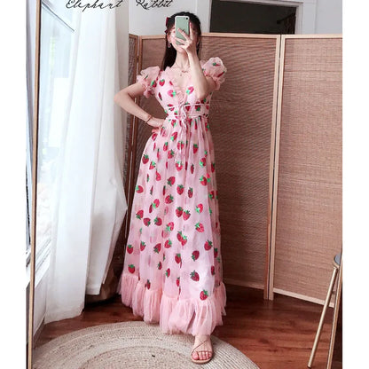 New In Sequined Strawberry Mesh Pleated Maxi Dress French Style Deep V Puff Steeve Sweet Prince Dress Female Fashion Party Night