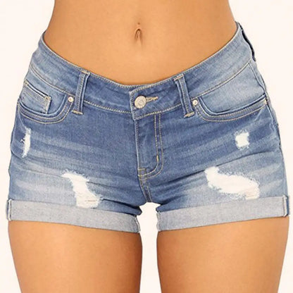 Ripped Mid Waist Solid Jeans Shorts