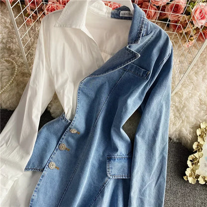 Spring  fashion irregular denim stitching long-sleeved shirt Dress