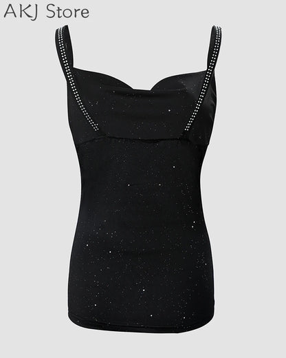 Women Rhinestone Spaghetti Strap Glitter Top