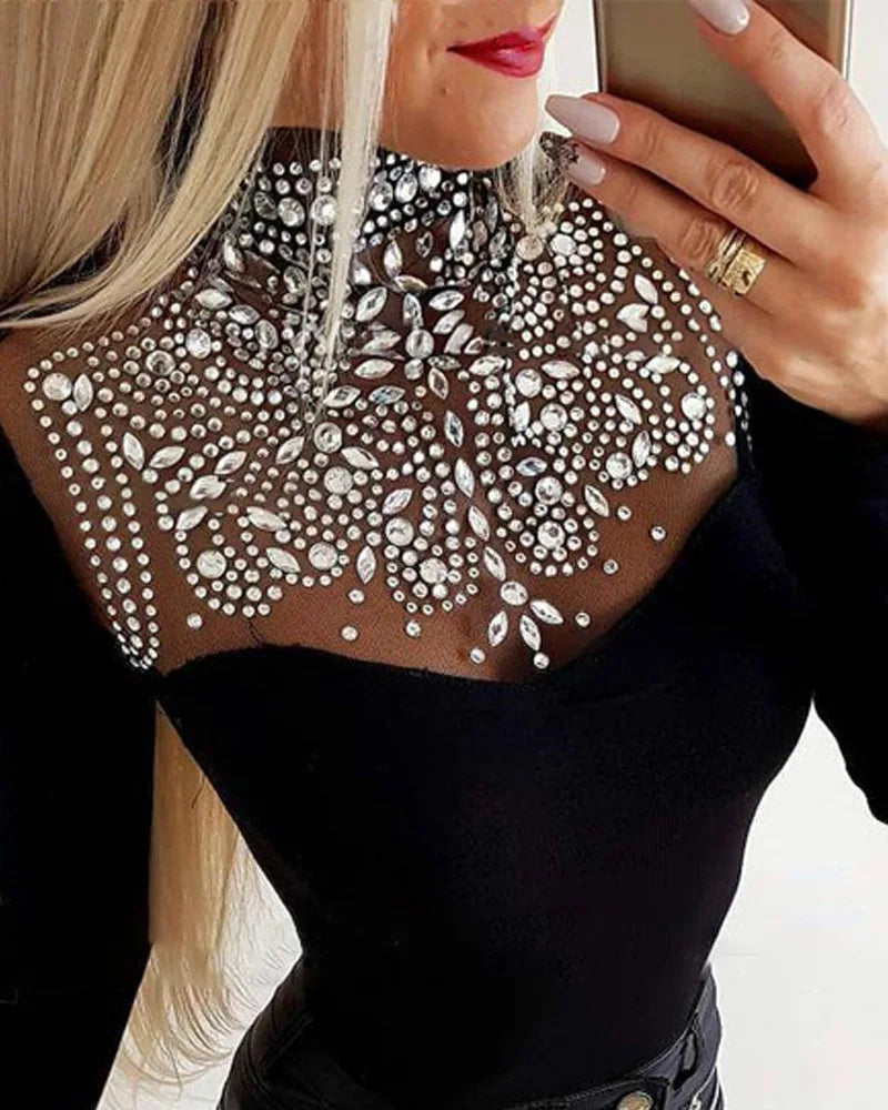 Sexy Rhinestone See Through Contrast Mesh Long Sleeve Top