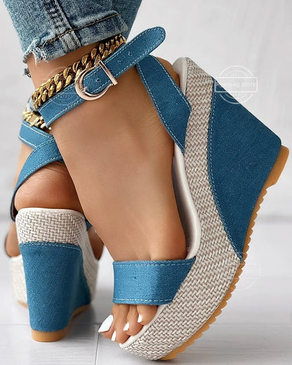 Women's Ankle Strap Platform Denim Wedge Sandals