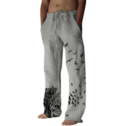 Men's Breathable Tree and Bird Print Drawstring Linen Trousers