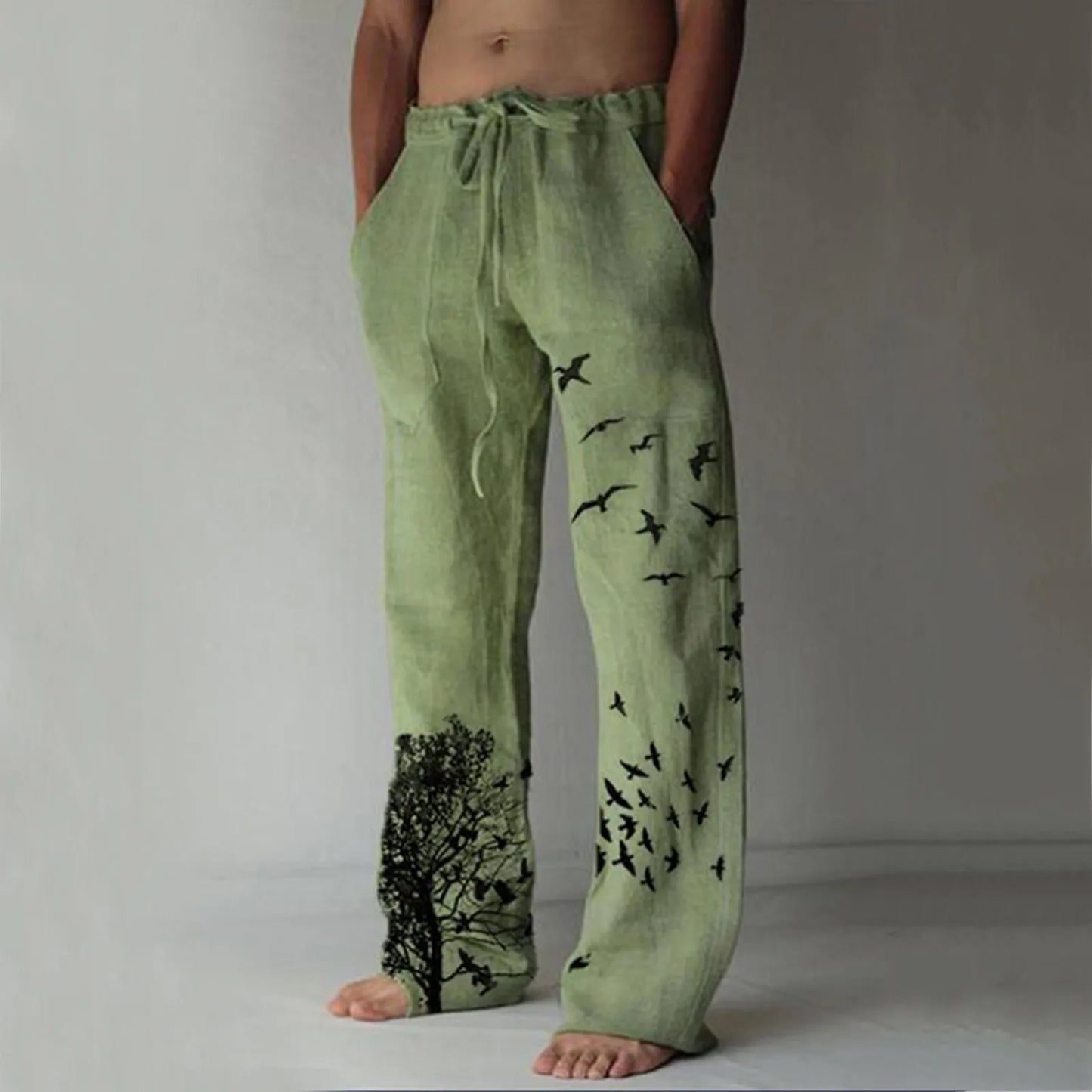 Men's Breathable Tree and Bird Print Drawstring Linen Trousers