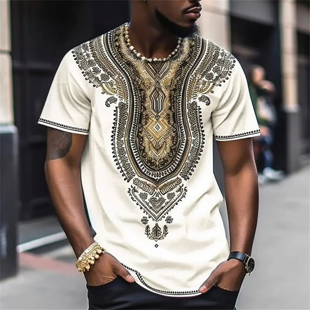 Vintage men's totem print casual short sleeved top T-shirt