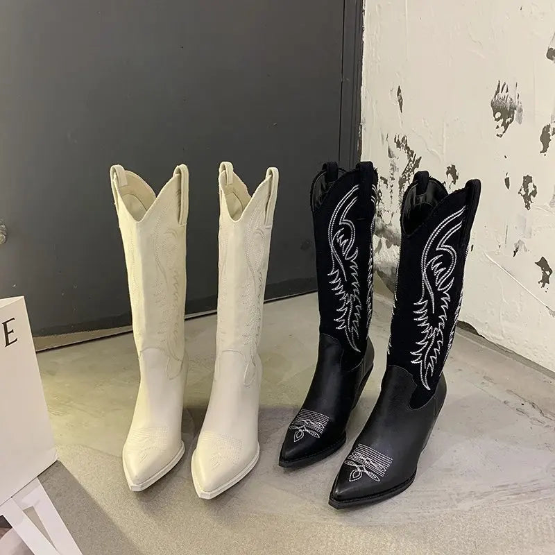 Kendou same white cowboy boots retro net red thin pointed high barrel Knight boots thick heel boots women's knee length