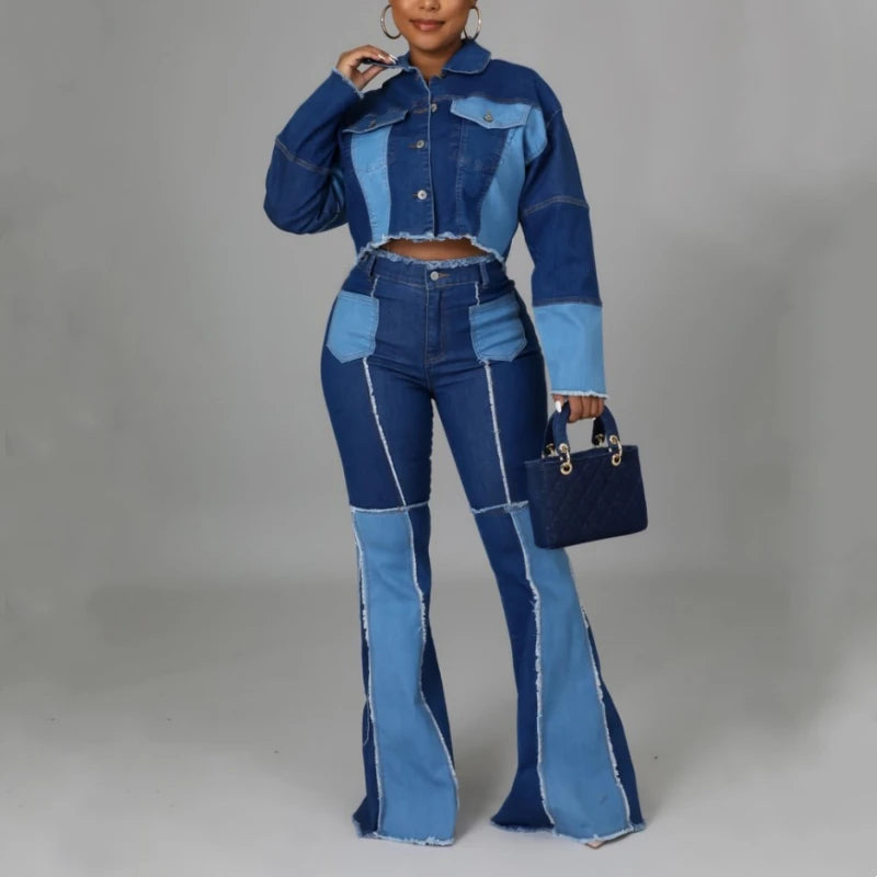 Women Fashion Denim Two Piece Pant Set