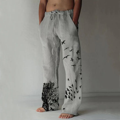 Men's Breathable Tree and Bird Print Drawstring Linen Trousers