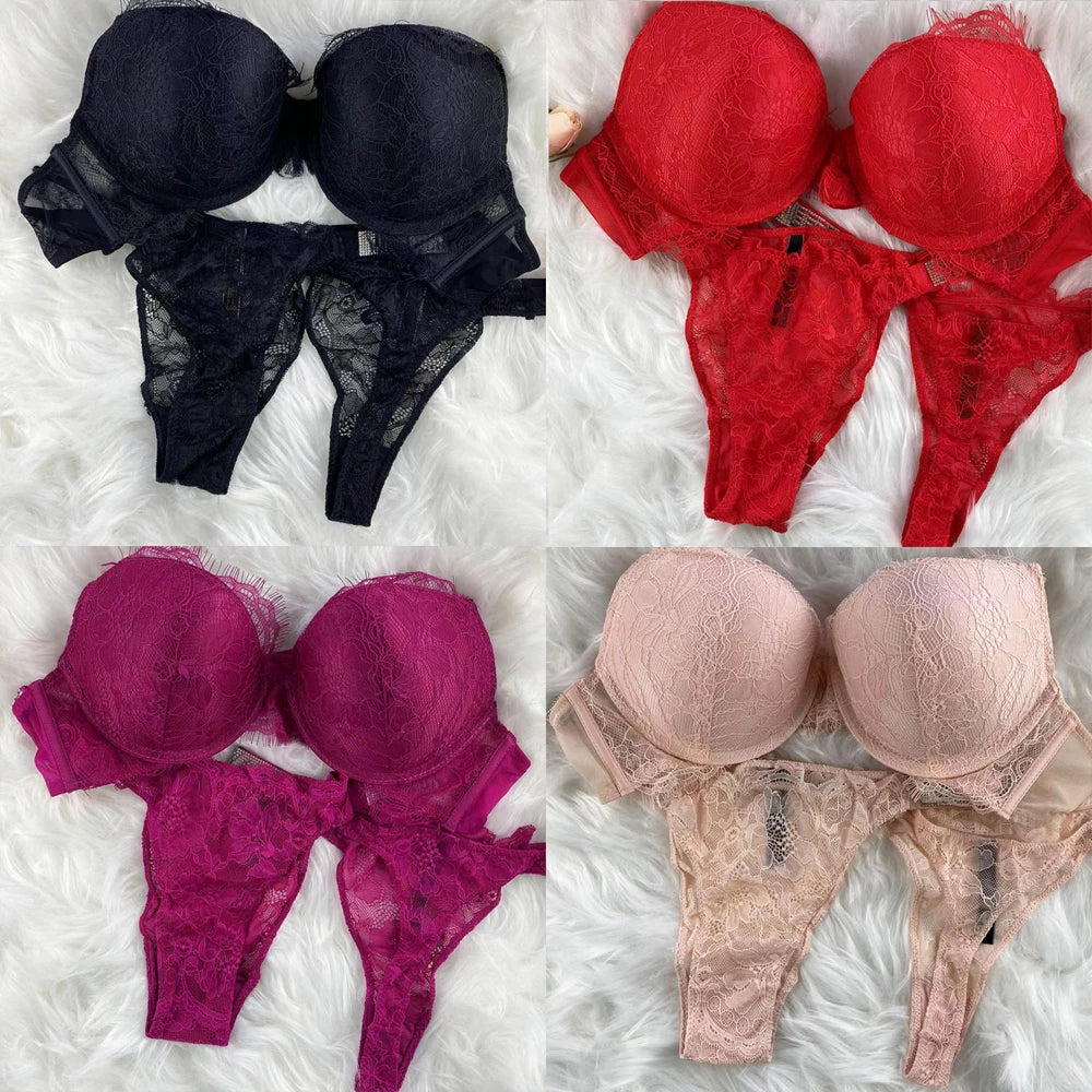 New Women's Underwe Fashion Women Plus Size Bra Panty 2 Piece Push Up Sexy Underwear Briefs Set Letter Rhinestone Lingerie Set