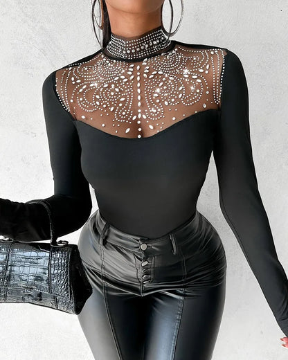 Sexy Rhinestone See Through Contrast Mesh Long Sleeve Top