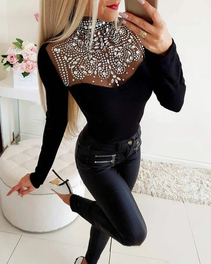 Sexy Rhinestone See Through Contrast Mesh Long Sleeve Top