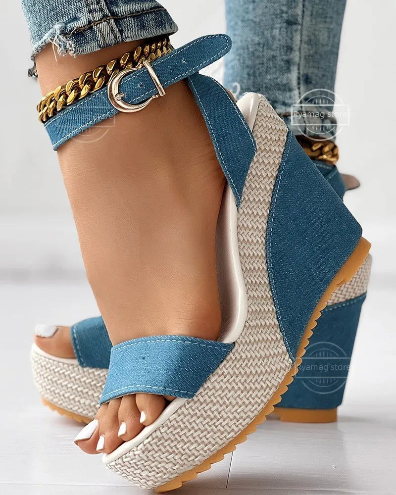 Women's Ankle Strap Platform Denim Wedge Sandals