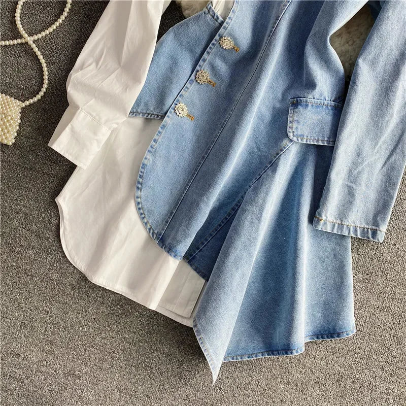 Spring  fashion irregular denim stitching long-sleeved shirt Dress