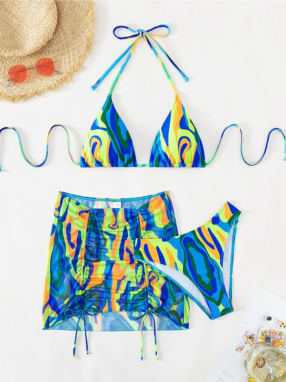 Sexy 3 Piece Gradient Rainbow  Bikini Set