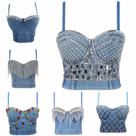 Sexy Denim Rhinestone Corset  Bustier