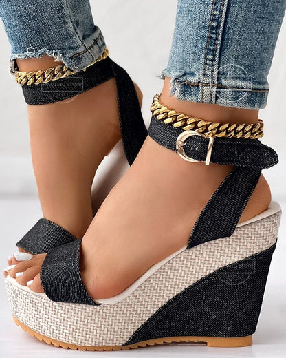 Women's Ankle Strap Platform Denim Wedge Sandals