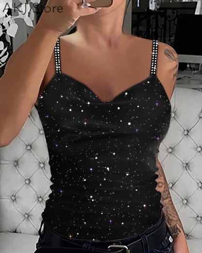 Women Rhinestone Spaghetti Strap Glitter Top